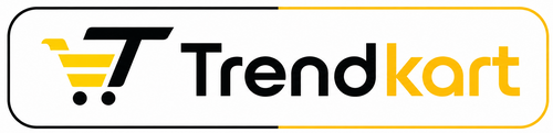Trendkart logo on a white background, featuring a yellow shopping cart icon and black and yellow text inside a rounded white rectangular badge with a thin black border.